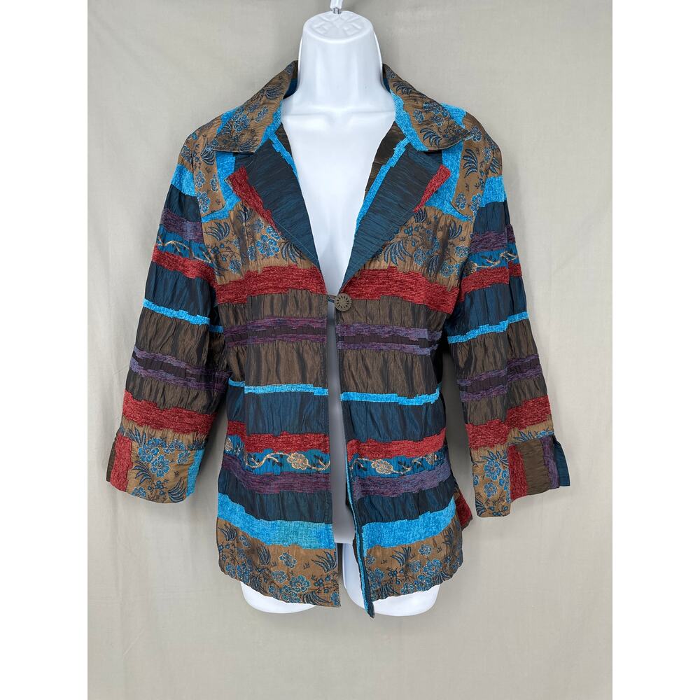 Vintage Jacket Women Medium Blue Floral Tapestry Boho Eclectic Cottage Bohemian